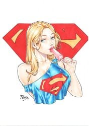 2d_(artwork) big_breasts blonde_hair blouse blue_eyes breasts dc dc_comics ed_benes_studio fred_benes golden_hair kara_danvers kara_zor-el large_breasts licking licking_popsicle lipstick long_hair looking_at_viewer looking_pleasured makeup oral pleasure_face popsicle seducing seductive seductive_eyes seductive_gaze seductive_look seductive_mouth seductive_smile sucking sucking_popsicle supergirl superman_(series)