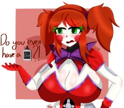 1girls 4k annoyed baby_(fnafsl) big_breasts blush boob_window bow bowtie breast_press breasts brown_hair circus_baby circus_baby_(fnaf) clothed clown clown_girl eyebrows_raised eyelashes female female_only five_nights_at_freddy's five_nights_at_freddy's:_sister_location five_nights_in_anime fnia gloves gothtrishy green_eyes hand_on_hip hi_res high_resolution highres huge_breasts inner_sideboob light-skinned_female light_skin makeup no_bra pale-skinned_female pale_skin question robot robot_girl robot_humanoid shiny shiny_breasts shiny_clothes shiny_hair shiny_skin sideboob squished_breasts text tight_fit twintails white_body white_skin