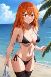 1girls ai_generated beach big_breasts bikini breasts clothed clothing curvy female female_focus female_only gamo-chan hi_res highres human human_only light-skinned_female light_skin lokokabooster69 long_hair looking_at_viewer navel orange_eyes orange_hair please_don't_bully_me,_nagatoro revealing_clothes simple_background solo solo_female wide_hips