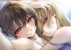 2girls blonde_hair blue_camisole blue_eyes blush brown_eyes brown_hair camisole grin highres hug kinese_(katasutorohu) looking_at_viewer maribel_hearn multiple_girls off_shoulder purple_camisole reaching reaching_towards_viewer renko_usami selfie short_hair smile spaghetti_strap touhou usami_renko yuri