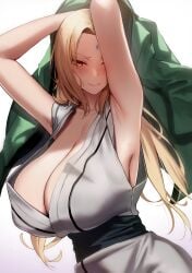 1girls armpits arms_behind_head arms_up bangs bare_shoulders blonde_hair blush breasts brown_eyes clavicle cleavage closed_mouth clothing facial_mark female female female_only forehead_mark green_jacket high_resolution holding_jacket huge_breasts jacket jacket_removed kimono large_breasts long_hair looking_at_viewer lun7732 mature mature_female naruto naruto_shippuden obi one_arm_up one_eye_closed parted_bangs robe sash simple_background sleeveless smile solo tsunade very_high_resolution wafuku white_background white_kimono