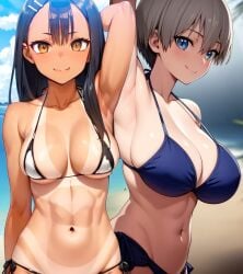 2girls ai_generated armpit_focus beach big_breasts bikini black_hair breasts brown_eyes clothed clothing crossover female female_focus female_only hand_behind_head hands_behind_head hayase_nagatoro hi_res highres human human_only long_hair looking_at_viewer medium_breasts navel ocean please_don't_bully_me,_nagatoro pose presenting_armpits revealing_clothes simple_background small_breasts smile tan tan-skinned_female tan_body tan_skin tanline tanned tanned_female uzaki-chan_wa_asobitai! uzaki_hana vicent_law