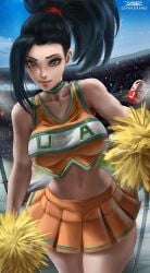 bare_thighs belly_button black_hair boku_no_hero_academia cheerleader cheerleader_uniform crop_top female_only hourglass_figure izhardraws light-skinned_female looking_at_viewer medium_breasts midriff momo_yaoyorozu my_hero_academia navel pom_poms ponytail skirt thick_thighs tiny_waist upper_body wide_hips