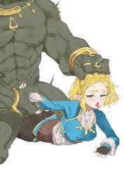 1boy ahe_gao black_gloves black_pantyhose blonde_hair blue_shirt blush braid breath_of_the_wild clothed_sex clothing colored_skin crown_braid defeat english_commentary female fingerless_gloves fucked_silly ganondorf gloves grabbing_another's_hair green_eyes hair_ornament hairclip height_difference highres humanoid hylian jewelry multiple_rings noriko_(ni_noriko) open_mouth pale_skin pantyhose parted_bangs pointy_ears princess_zelda prone_bone ring sex sex_from_behind shirt short_hair small_breasts straight tears_of_the_kingdom the_legend_of_zelda the_legend_of_zelda:_tears_of_the_kingdom tongue tongue_out torn_clothes torn_pantyhose white_background zelda_(tears_of_the_kingdom)