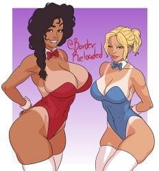 2girls big_breasts biting_lip blonde_hair borderreloaded brown_hair bunnysuit dark-skinned_female dark_skin female female_focus female_only gwen_stacy huge_breasts latina light-skinned_female light_skin long_hair looking_at_viewer marvel marvel_comics mature_female milf mother multiple_girls rio_morales spider-gwen spider-man:_across_the_spider-verse spider-man:_into_the_spider-verse tan_body tan_skin tanline tanlines tanned tanned_female tanned_girl tanned_skin thick_thighs