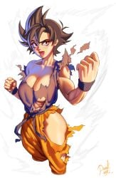 breasts curvy dragon_ball dragon_ball_super dragon_ball_z female_goku genderswap_(mtf) goku lips muscular pankekes ripped_clothing son_goku torn_open_bottoms torn_open_top