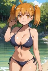 1girls ai_generated big_breasts bikini blonde_hair breasts brown_eyes clothed clothing curvy female female_focus female_only hi_res highres human human_only lake light-skinned_female light_skin lokokabooster69 looking_at_viewer medium_hair navel pigtails please_don't_bully_me,_nagatoro pose revealing_clothes simple_background solo solo_female wide_hips yoshi_(nagatoro)