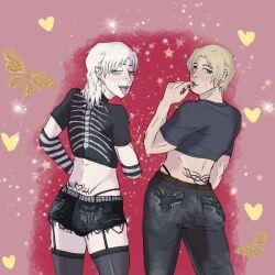 2boys big_ass blonde_hair emo femboy jeans leon_scott_kennedy metal_gear_solid pyreofsunflowers raiden_(metal_gear) resident_evil thighhighs thong thong_above_pants thong_above_shorts thong_straps tongue_piercing tramp_stamp white_hair yaoi