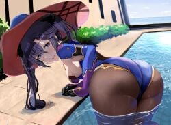 1girls adjusting_clothes ass ass_focus big_ass blue_eyes blue_leotard blush dat_ass female female_only genshin_impact hair hat headwear hikaru_(galaxy) hoyoverse huge_ass large_ass leggings legwear leotard looking_back mona_(genshin_impact) pool purple_hair small_breasts smile solo solo_female thick_thighs thighs twintails water wet wet_clothes witch_hat