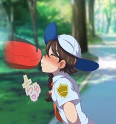 blush brown_hair hat imminent_kiss interspecies jankey18rnbadd juliana_(pokemon) koraidon monster monster_on_female naranja_academy_school_uniform paradox_pokemon pokémon_(species) pokemon pokemon_sv puckered_lips translation_request