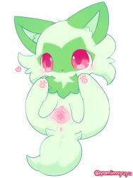 anus blush cheek_tuft clitoris digital_drawing_(artwork) digital_media_(artwork) facial_tuft female feral fluffy fluffy_tail fur generation_9_pokemon genitals green_body green_fur heart hi_res nakimayo nintendo pink_anus pink_paws pink_pussy pokemon pokemon_(species) presenting presenting_pussy pussy red_eyes red_nose simple_background solo solo_focus spread_pussy spreading sprigatito tail tuft urethra white_background