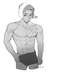 1boy abs black_and_white boxer_briefs boxers_(clothing) chest_scar fredrinn fredrinn_(mobile_legends) greyscale holding_bottle holding_object looking_at_side male male_focus male_only mobile_legends mobile_legends:_bang_bang muscular muscular_male ndorouverse post_workout question_mark safe_for_work solo solo_focus solo_male sweat sweaty_body thumb_in_waistband towel_on_head underwear waistband_pull water_bottle white_background