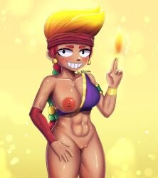 amber_(brawl_stars) black_eyes blonde_hair brawl_stars breasts female fire looking_at_viewer muscle nipples pinup pussy reinerox smile supercell