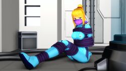 blonde_hair bondage bound_and_gagged cloth_gag gag gagged medium_breasts metroid over_the_nose_gag samus_aran y0z0ra