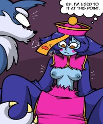 1boy 1girls areolae clothing darkstalkers dialogue english_text female hi_res hsien_ko jiangshi jon_talbain krusha64612042 lei-lei lei_lei male medium_breasts nipples tblb203 thought_bubble torn_clothes