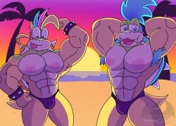 abs anthro armpit_hair beach biceps big_muscles big_pecs body_hair bracelet brother_(lore) bulge clothing duo flexing gay hi_res jewelry koopa koopaling larry_koopa lemmy_koopa male male/male mario_(series) muscular muscular_male nintendo nipples pecs scalie seaside shoopcozy sibling_(lore) smile speedo spiked_bracelet spikes swimwear