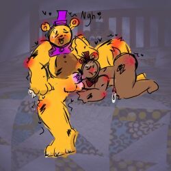 2boys bear bears bed big_dick big_penis blowjob blush brown_fur cock cum cum_in_mouth cum_inside five_nights_at_freddy's fnaf gay gay_oral gay_sex joke nightmare_fredbear_(fnaf) nightmare_freddy plushie purple_cum size_difference sweat sweatdrop tail uwu yellow_fur