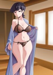 1girls 2023 bedroom_eyes black_bra black_eyes black_hair black_panties bra breasts cameltoe keisar_(artist) komi-san_wa_komyushou_desu komi_shuuko large_breasts lingerie looking_at_viewer milf navel nipples open_clothes open_robe panties presenting robe see-through see-through_bra see-through_clothing see-through_panties short_hair slender_waist slim_waist smile standing tagme thick_thighs thighs thin_waist tiny_waist wide_hips