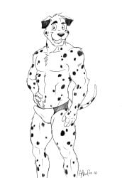 1boy 2010 anthro anthro_only arthurfox black_and_white canid canine canis clothed clothing dalmatian domestic_dog erection_in_speedo jason_(rapture-) male male_only mammal markings monochrome open_mouth signature simple_background smile solo speedo speedo_only spots spotted_markings swimwear swimwear_only topless white_background