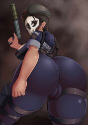 1girls 2023 anus anus_visible_through_clothes beret black_eyes black_hair bope_(rio_de_janeiro) braid brazilian brazilian_female breasts cameltoe caveira_(rainbow_six) ear_piercing face_paint female from_below keisar_(artist) large_breasts looking_at_viewer looking_back pmerj rainbow_six rainbow_six_siege sideboob skindentation standing tagme thick_thighs thighs tight_clothing tight_pants tom_clancy ubisoft weapon