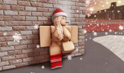 1girls 3d amber_eyes areolae artist_request blonde_hair breasts christmas_hat cigarette cigarette_in_mouth leaning leaning_back leaning_on_wall on_roof one_leg_bent one_leg_raised red_shoes red_socks roblox robloxian rooftop santa_hat shoes smoking snowing socks source_request tagme