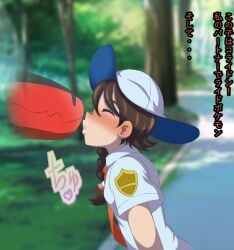 blush brown_hair hat imminent_kiss interspecies jankey18rnbadd juliana_(pokemon) koraidon monster monster_on_female naranja_academy_school_uniform paradox_pokemon pokémon_(species) pokemon pokemon_sv puckered_lips