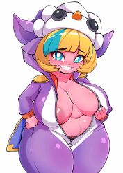 1girls 2023 blonde_hair blue_eyes blue_highlights breasts curvy definitely_not_series grin keisar_(artist) kigurumi large_breasts league_of_legends looking_at_viewer navel nipples open_clothes pengu_cosplay_tristana pink_skin presenting pubic_hair riot_games standing tristana yordle