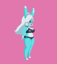 3d 3d_(artwork) animated anthro atelierjordan bbw belly belly_button big_breasts blue_body blue_fur bra breasts buckteeth chubby chubby_female cleavage clothed clothing cute digital_media_(artwork) exposed_stomach female female_only fur furry furry_only hair happy lagomorph long_ears long_hair mammal mouth_open panties pixels_bunni pose rabbit smile solo solo_female standing stomach teeth underwear white_hair