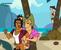 1girls 2boys alejandro_burromuerto_(tdi) anal beach beach_sex cartoon_network dark-skinned_male gay gay_sex geoff_(tdi) interracial kuraburrice kuraburrprn light-skinned_female light-skinned_male penetration total_drama_island yaoi