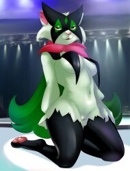 2023 3_toes absurd_res anthro black_body black_eyelashes black_fur blurrypanda breasts clitoris feet female fingers full-length_portrait fur generation_9_pokemon genitals green_body green_ears green_fur green_pussy half-closed_eyes hi_res kneeling looking_at_viewer medium_breasts meowscarada narrowed_eyes navel nintendo nude nude_anthro nude_female pawpads pink_eyes pink_inner_ear pink_nose pink_pawpads pinup pokemon pokemon_(species) pokemon_sv portrait pose pseudo_clothing pseudo_mask pussy red_clitoris red_inner_pussy solo toes