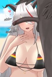 1boy 1girls aegir_(azur_lane) azur_lane big_penis big_penis_adoration bikini_top breasts cant_see_the_haters censored cheating_(relationship) cheating_wife english_text eyebrows_visible_through_hair heart horns huge_breasts iron_blood_(azur_lane) light-skinned_female light_skin looking_at_penis mosaic_censoring no_nut_november penis_awe prinz_eugen_(unfading_smile)_(azur_lane)_(cosplay) red_hair ring shiratsumi_(shiratsumi69) swimsuit talking_to_cuckold talking_to_viewer text two_tone_hair wedding_ring white_hair