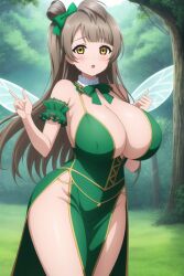 :o ai_generated bangs cleavage cowboy_shot day fairy fairy_costume fairy_wings female forest hairbow huge_breasts kurodex long_hair looking_at_viewer love_live! love_live!_school_idol_project minami_kotori outdoors posing solo standing wide_hips yellow_eyes