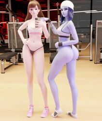 2girls 3d ass blue_hair breasts brown_eyes brown_hair d.va female female_only gym multiple_girls overwatch panties phone pose scportins selfie sneakers widowmaker