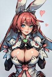 1girls ahoge ai_generated animal_ears big_breasts blue_eyes breasts bunny_ears bursting_breasts cleavage collar earrings elphelt_valentine four_leaf_clover guilty_gear guilty_gear_xrd hands_on_own_chest headband heart huge_breasts looking_at_viewer pink_hair short_hair smile spiked_headband stable_diffusion tampopo veil