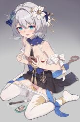 black_skirt blue_eyes breasts censored clothes_pull commentary_request dildo female female_masturbation flower full_body gradient_background grey_background grey_hair hair_flower hair_ornament hairpin heavy_breathing highres honkai_(series) honkai_impact_3rd looking_at_viewer masturbation miniskirt nipple_tweak nipples no_shoes object_insertion panties panty_pull pantyhose pantyhose_pull pleated_skirt pussy_juice pussy_juice_stain sex_toy short_hair sitting skirt small_breasts solo tama_(tamatamo) theresa_apocalypse theresa_apocalypse_(starlit_astrologos) underwear vaginal_object_insertion vaginal_penetration wariza white_panties white_pantyhose zhuge_kongming_(honkai_impact)