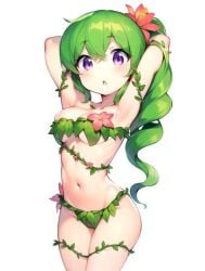 ai_generated blush dryad dryad_(terraria) flower flower_in_hair green_hair kalia3see long_hair looking_at_viewer nature nude nude_female open_mouth purple_eyes semi_nude terraria white_background white_body