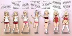 :d age_progression belly belly_button bimbo bimbofication bimbofied blonde_hair blonde_hair blonde_hair_female blue_eyes blush blush breast_expansion breasts bubbles caption cleavage cleavage_window clothed clothed_female clothing female gradient_background gym_clothes gym_clothing gym_shirt gym_shorts gym_uniform headband headphones headwear horny horny_female kisekae long_hair mercuryvert midriff muscular muscular_female one-piece_swimsuit open_mouth personality_change ponytail swimsuit swimwear text thong transformation transformation_sequence wavy_hair white_shirt