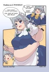 bbw belly_overhang big_belly big_breasts big_female blush chubby chubby_female dr-black-jack embarrassed fat fat_arms fat_ass fat_female fat_fetish fat_girl fat_woman fatty kurocaze large_female maid maid_headdress obese obese_female overweight overweight_female plump pork_chop sakuya_izayoi speech_bubble thick_thighs touhou tubby weight_gain