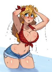 1girls big_breasts blonde_hair blue_eyes blush female hand_on_head hat jean_shorts kawa-v large_breasts long_hair solo solo_female thick_thighs wet