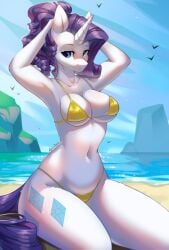 alphadesu anthro beach bikini blue_eyes breasts clothing cutie_mark equid equine female friendship_is_magic fur hair hasbro horn mammal my_little_pony navel outside ponytail purple_hair purple_tail rarity_(mlp) sitting swimwear tail unicorn water white_body white_fur