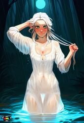 ai_generated bathing breasts ciri clothing female green_eyes light-skinned_female night outdoors pussy rwl scar solo the_witcher_(series) the_witcher_3:_wild_hunt transparent_clothing white_hair