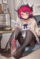 1boy 1girls ai_generated black_pantyhose blue_eyes blush clothed_female_nude_male cum cum_on_feet feet footjob halo hat hololive horns irys_(hololive) jacket large_breasts large_penis pointy_ears red_eyes red_hair smile sockjob straight toes virtual_youtuber white_dress