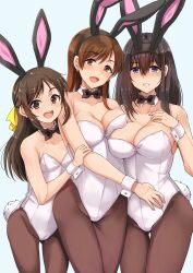 3girls animal_ears black_bow black_bowtie black_hair black_pantyhose blue_eyes bow bowtie breast_press breasts brown_eyes brown_hair cowboy_shot detached_collar hair_ribbon idolmaster idolmaster_cinderella_girls large_breasts leotard multiple_girls nitta_minami pantyhose parted_lips playboy_bunny rabbit_ears rabbit_tail ribbon sagisawa_fumika shiroyukimajima sidelocks simple_background small_breasts smile strapless strapless_leotard tachibana_arisu tail thigh_gap white_background white_leotard wrist_cuffs