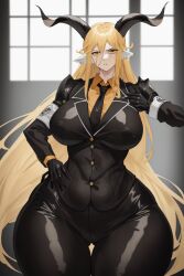 ai_generated animal_ears anthro arknights bangs big_breasts black_gloves blonde_hair breasts curvy degenbrecher_(arknights) female gloves goat_ears goat_girl goat_horns hair_between_eyes horns jacket large_breasts long_hair long_sleeves mature_female milf pants shirt stable_diffusion thick_thighs very_long_hair voluptuous wgenjoyr4539 wide_hips yellow_eyes