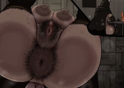 dark-skinned_female detailed_anus female hairy_anus hairy_pussy kusonikumarukun plump_anus puffy_anus puffy_areola puffy_nipples sweating sweaty viewed_from_below