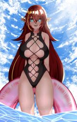 1girls adventurequest_worlds aqw aqworlds artix_entertainment beach blue_eyes breasts_bigger_than_head cleavage ear_piercing elf elf_female female large_breasts light-skinned_female long_hair pointy_ears red_hair sky solo sotian swimsuit taini_flaremist very_long_hair water wet