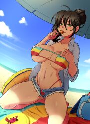 1girls beach big_breasts bikini black_hair blush crab green_eyes hand_on_breast jean_shorts jewelry kawa-v large_breasts lollipop long_hair nipples_visible_through_clothing solo solo_female thick_thighs