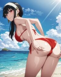 1girls ai_generated ass ass_focus back_view beach bent_over big_ass bikini bikini_bottom bikini_top black_hair blue_sky blush bubble_ass bubble_butt curvaceous day female female_only fossillight from_behind hair_bun huge_ass light-skinned_female light_skin long_hair looking_at_viewer looking_back looking_back_at_viewer mature mature_female milf nai_diffusion ocean outdoors presenting_ass rear_view red_eyes round_ass sand seaside sideboob sidelocks smile solo solo_focus spy_x_family stable_diffusion standing sunlight swimsuit tied_hair voluptuous water wife yor_briar yor_forger