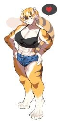 1girls big_breasts breasts female looking_at_viewer looking_down muscular muscular_anthro muscular_female muscular_thighs mx99926 navel navel_piercing oc short_hair shorts smile smiling smiling_at_viewer sole_female solo solo_female solo_focus spoken_heart tail tank_top thick_thighs tiger tiger_ears tiger_girl tiger_print tiger_stripes tiger_tail wide_hips