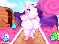 abunbot anthro candy chocolate chocolate_syrup dessert digital_media_(artwork) eyewear female food glasses graham_cracker gynomorph hi_res intersex lagomorph leporid looking_at_viewer mammal marshmallow nipples nude rabbit solo